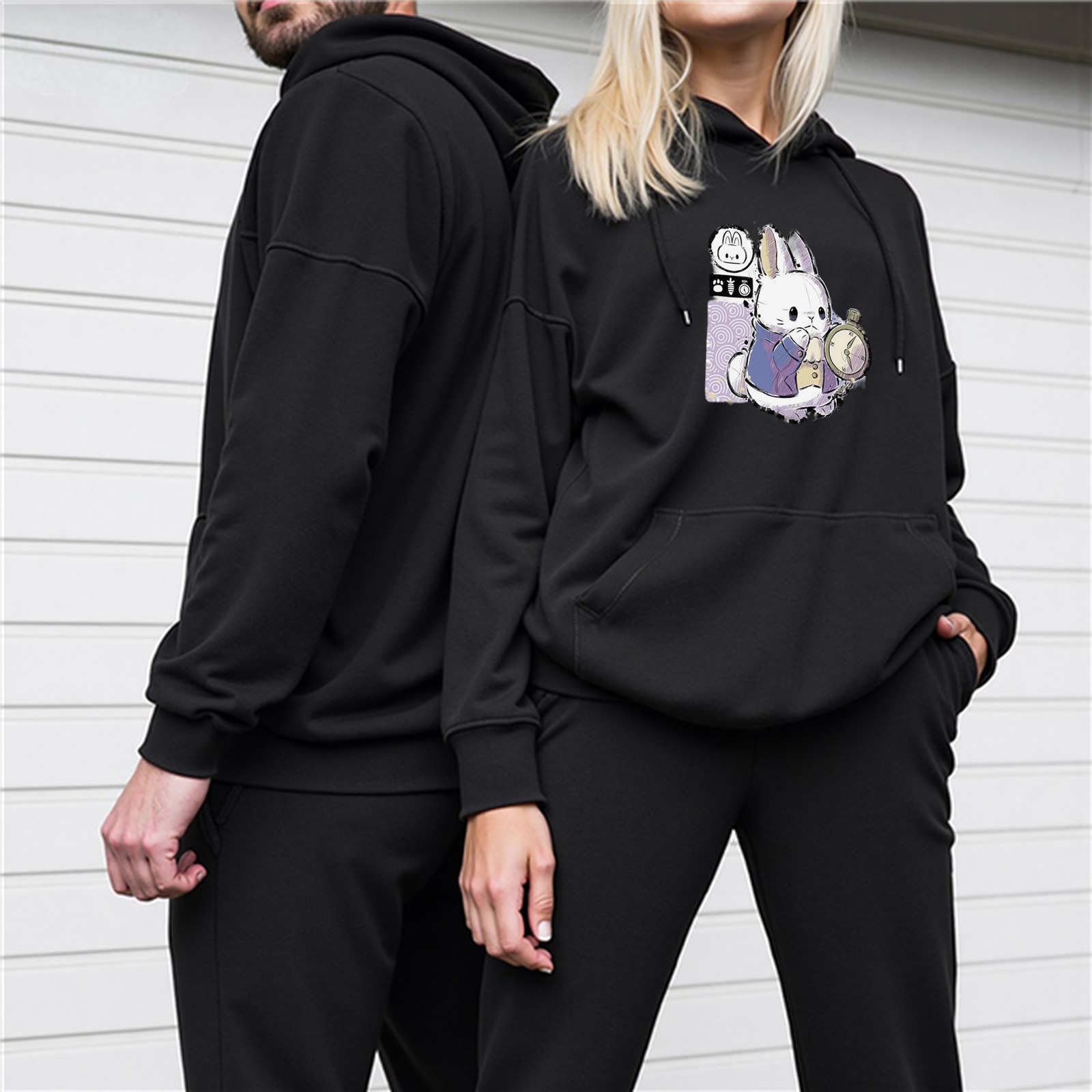 Black Hoodie With White Rabbit Holding Pocket Watch Graphic