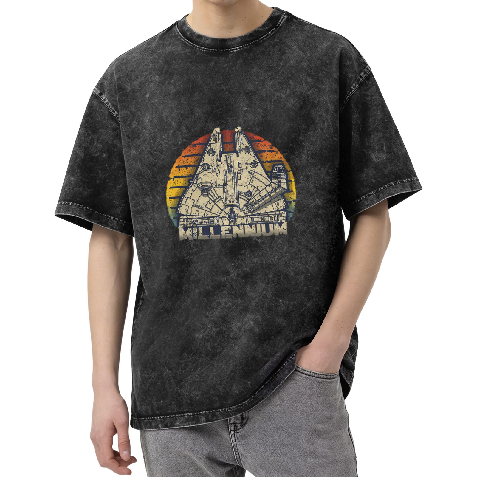 Washed Black T-Shirt with Millennium Falcon Retro Sunset Graphic
