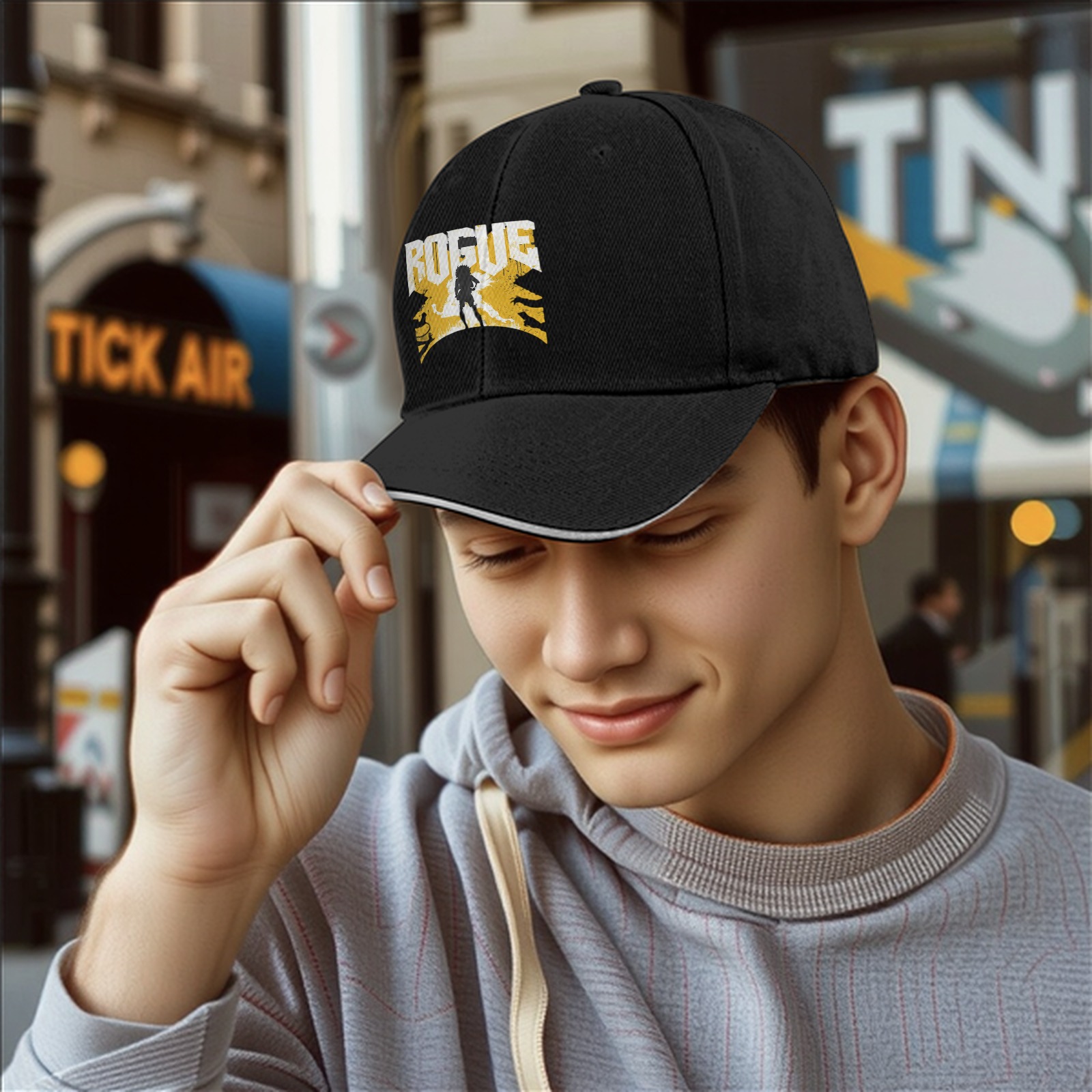 Black baseball cap with ROGUE text and silhouette graphic