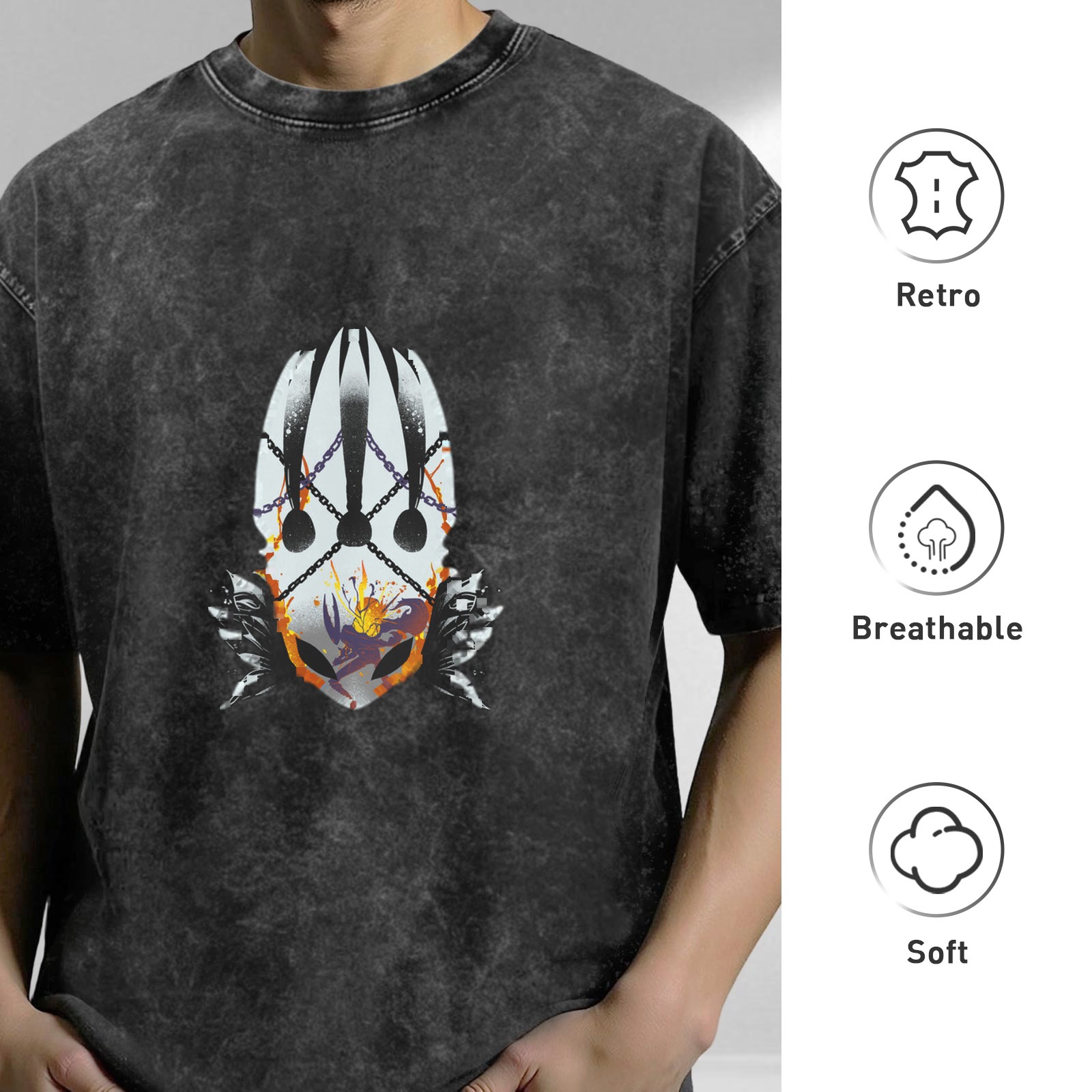 Oversized Acid Wash T-Shirt With Graphic Mask And Chains Design