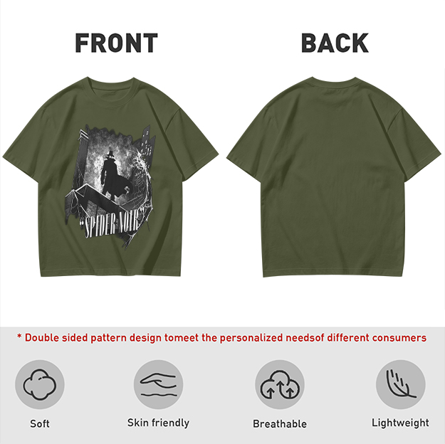 Olive T-Shirt Featuring Spider Noir Silhouette on City Rooftop