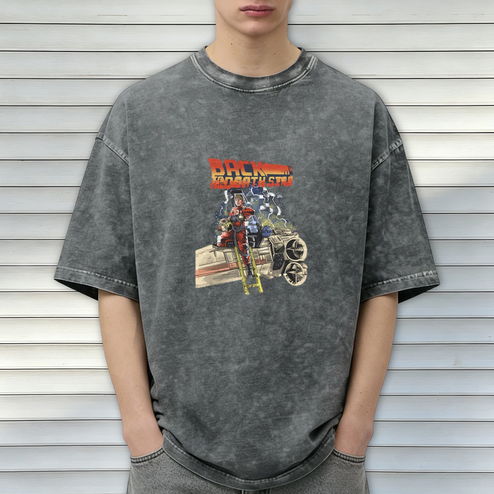 Distressed washed black retro printed short-sleeved T-shirt American street style loose casual top