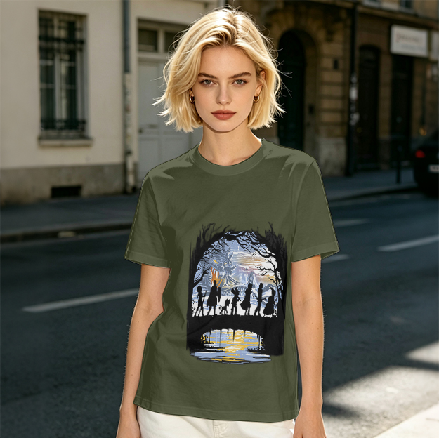 Olive T-Shirt With Fantasy Adventure Silhouette Art Print