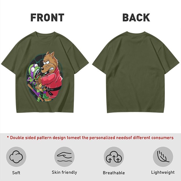 Olive T-shirt with Splinter Grabbing Donatello Ninja Turtle Art