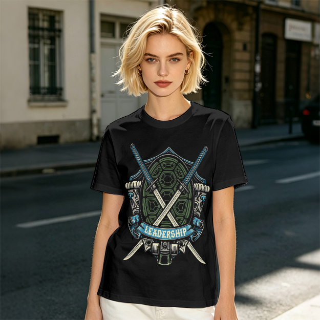 Olive T-Shirt with Ninja Turtle Leadership Katana Crest Print