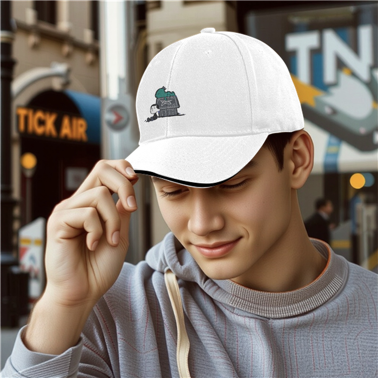 Black baseball cap with a whimsical printed graphic design