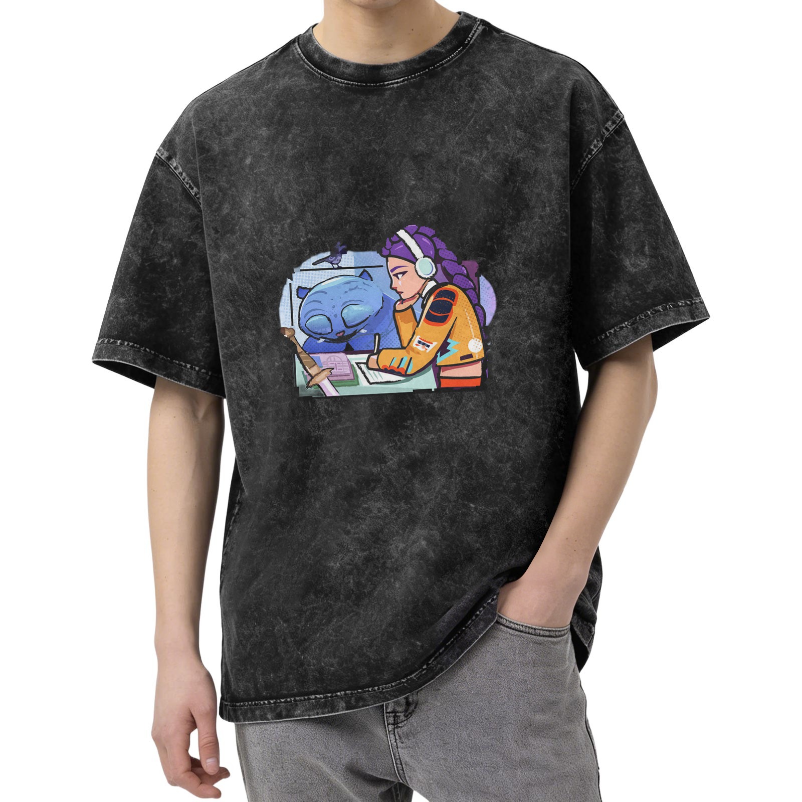Washed graphic tee with anime girl and blue cat illustration