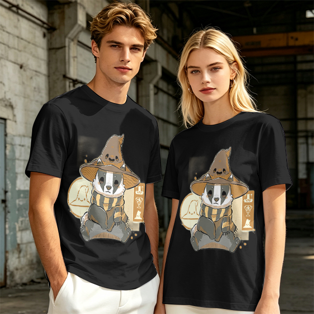 Olive T-Shirt With Cute Wizard Badger Graphic Print