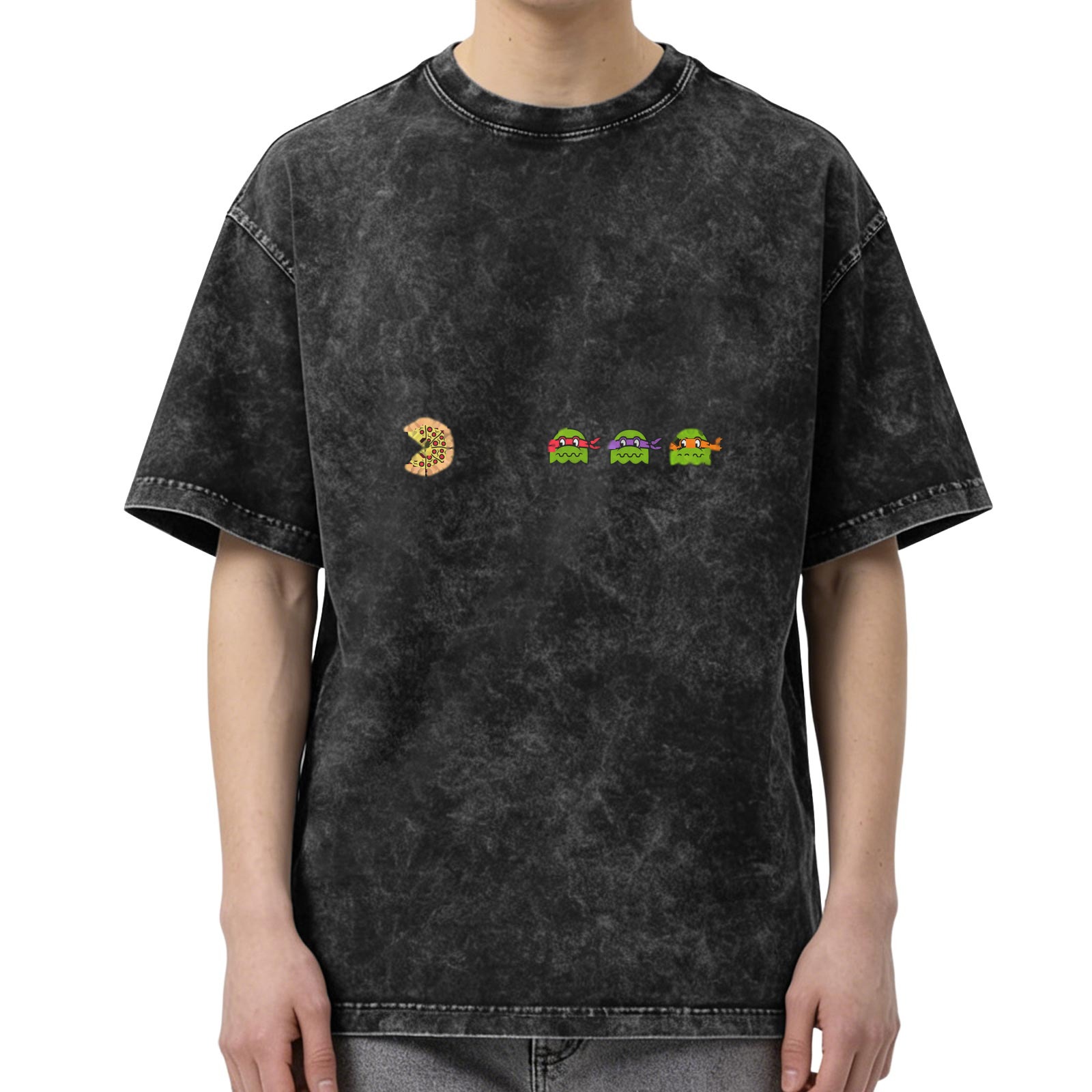 Washed distressed black loose short-sleeved T-shirt with fun Pac-Man and Teenage Mutant Ninja Turtles print