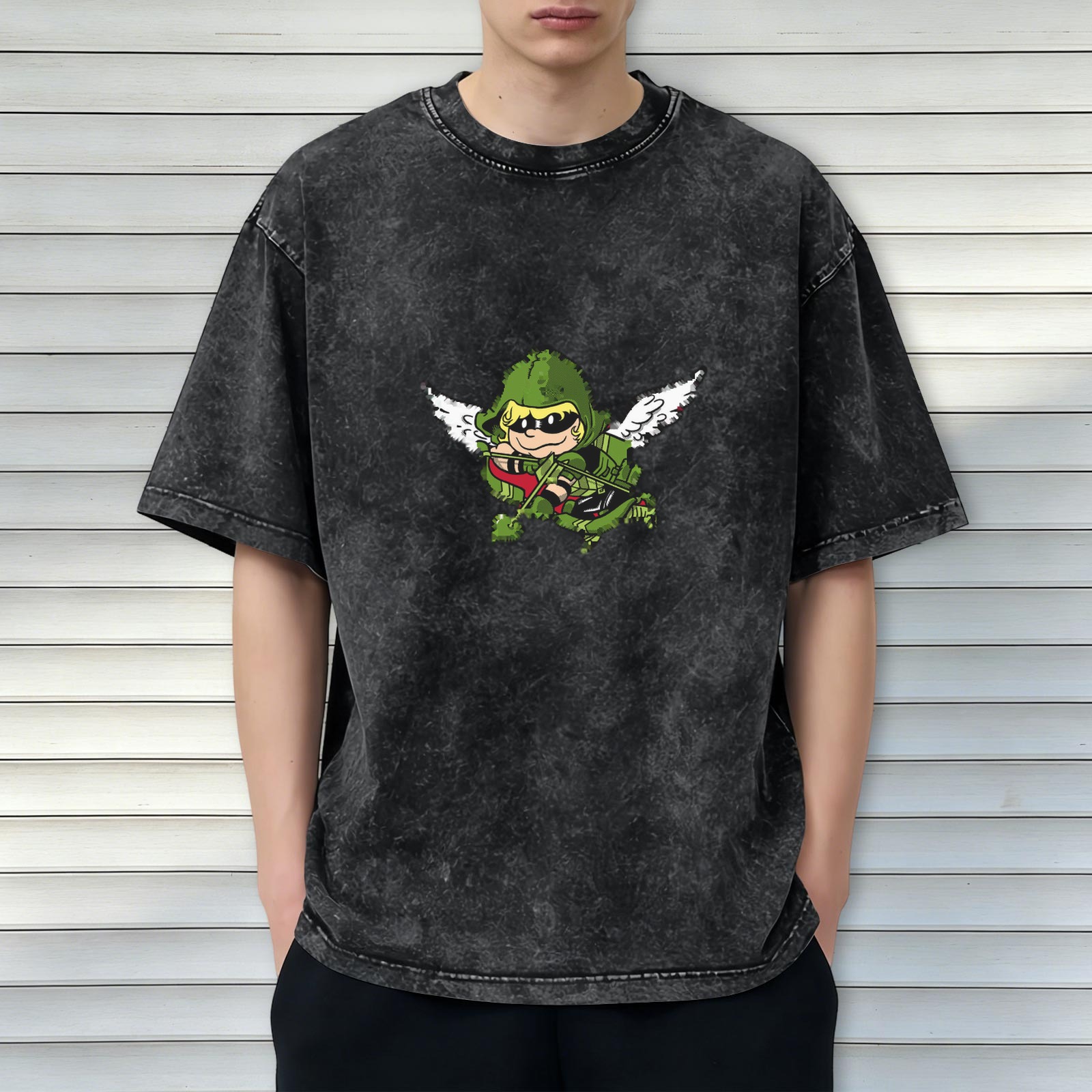 Washed Black T-Shirt With Chibi Green Arrow Angel Print