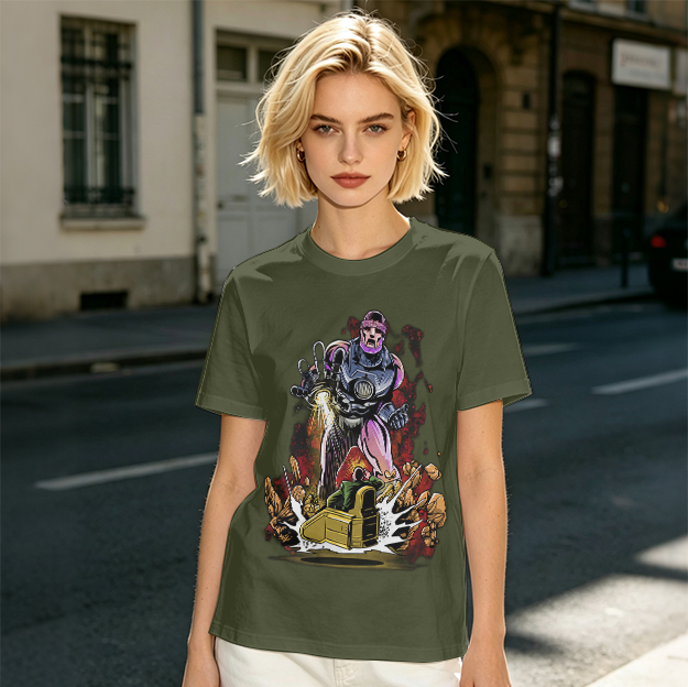 Olive T-shirt with Robot Villain and Tank Action Graphic