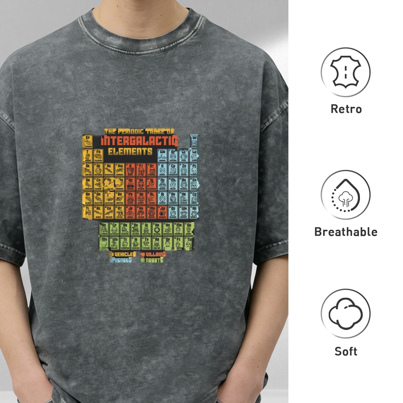 Retro washed black interstellar periodic table themed print loose short-sleeved T-shirt