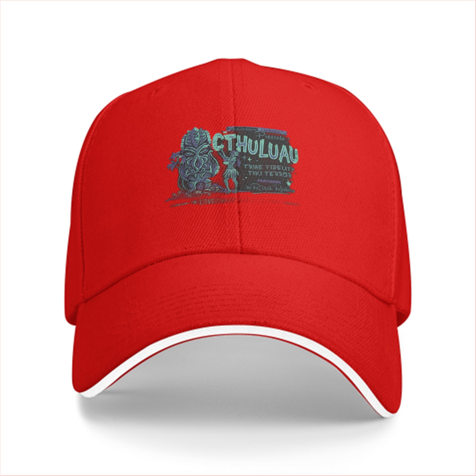 Black baseball cap with Cthuluau tiki monster graphic print