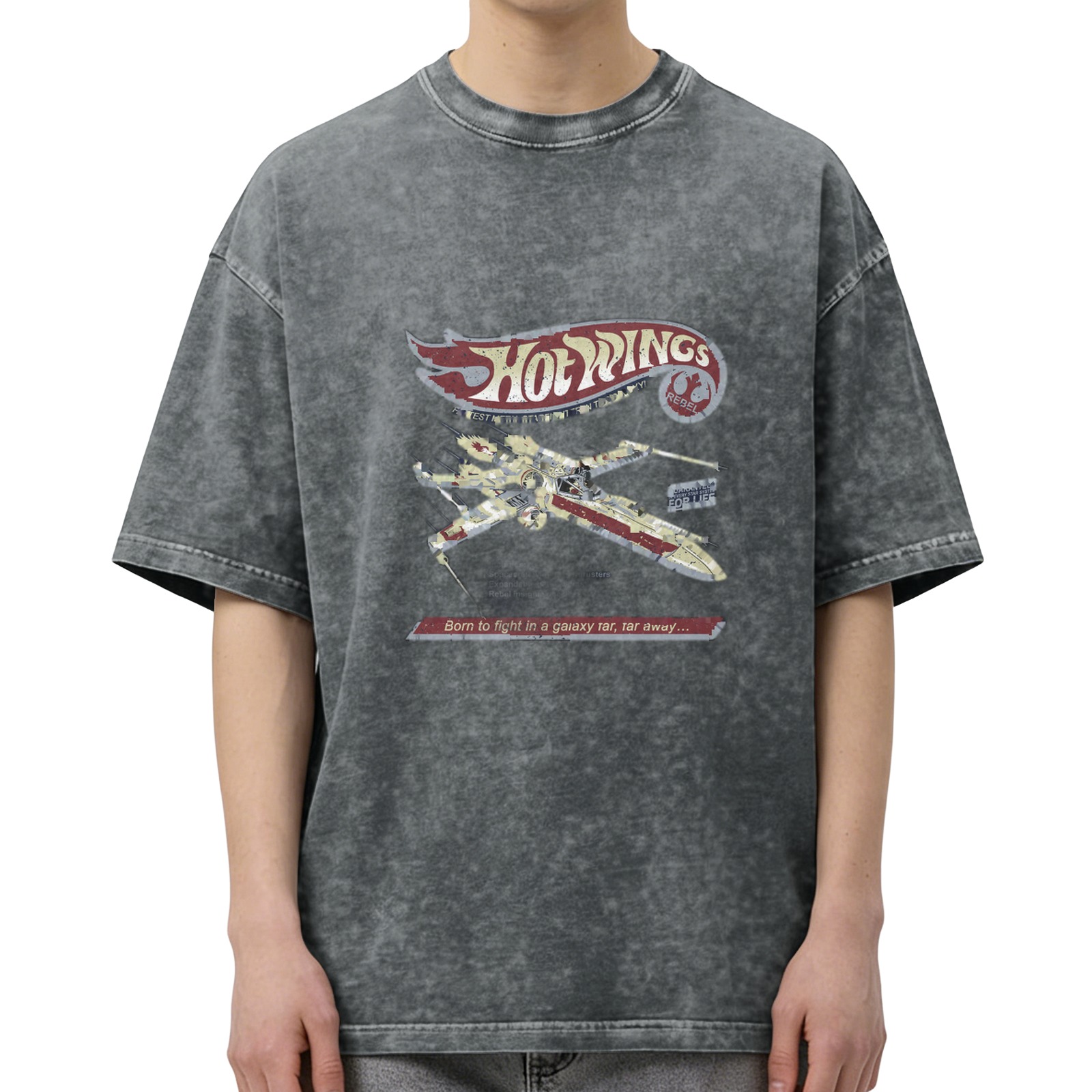 Vintage Wash 'Hot Wings' X-Wing Fighter Graphic T-Shirt - Star Wars Parody Design