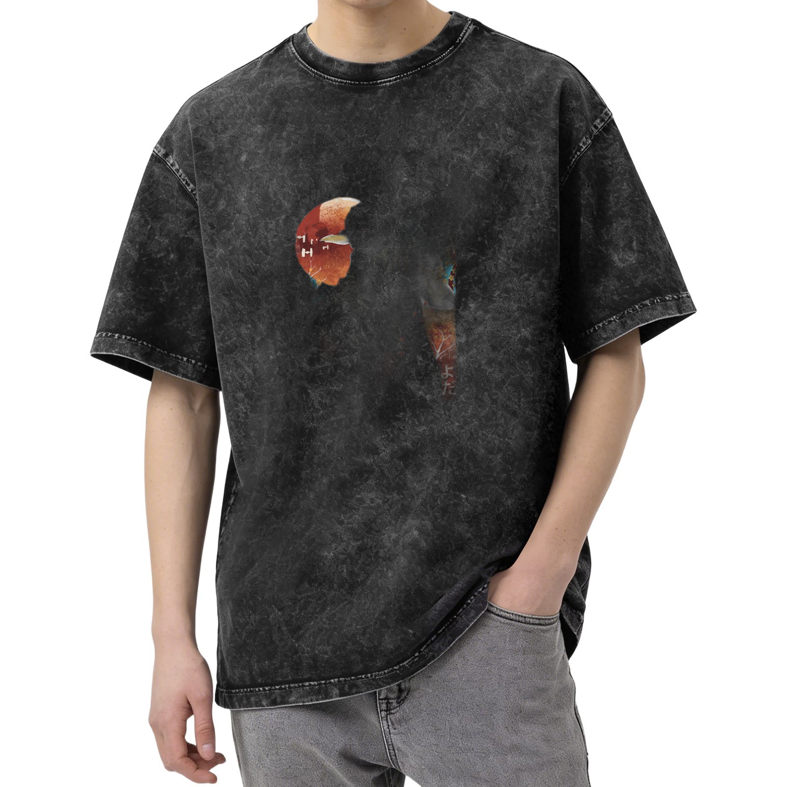 Oversized Acid Wash Graphic T-Shirt with Abstract Art Print