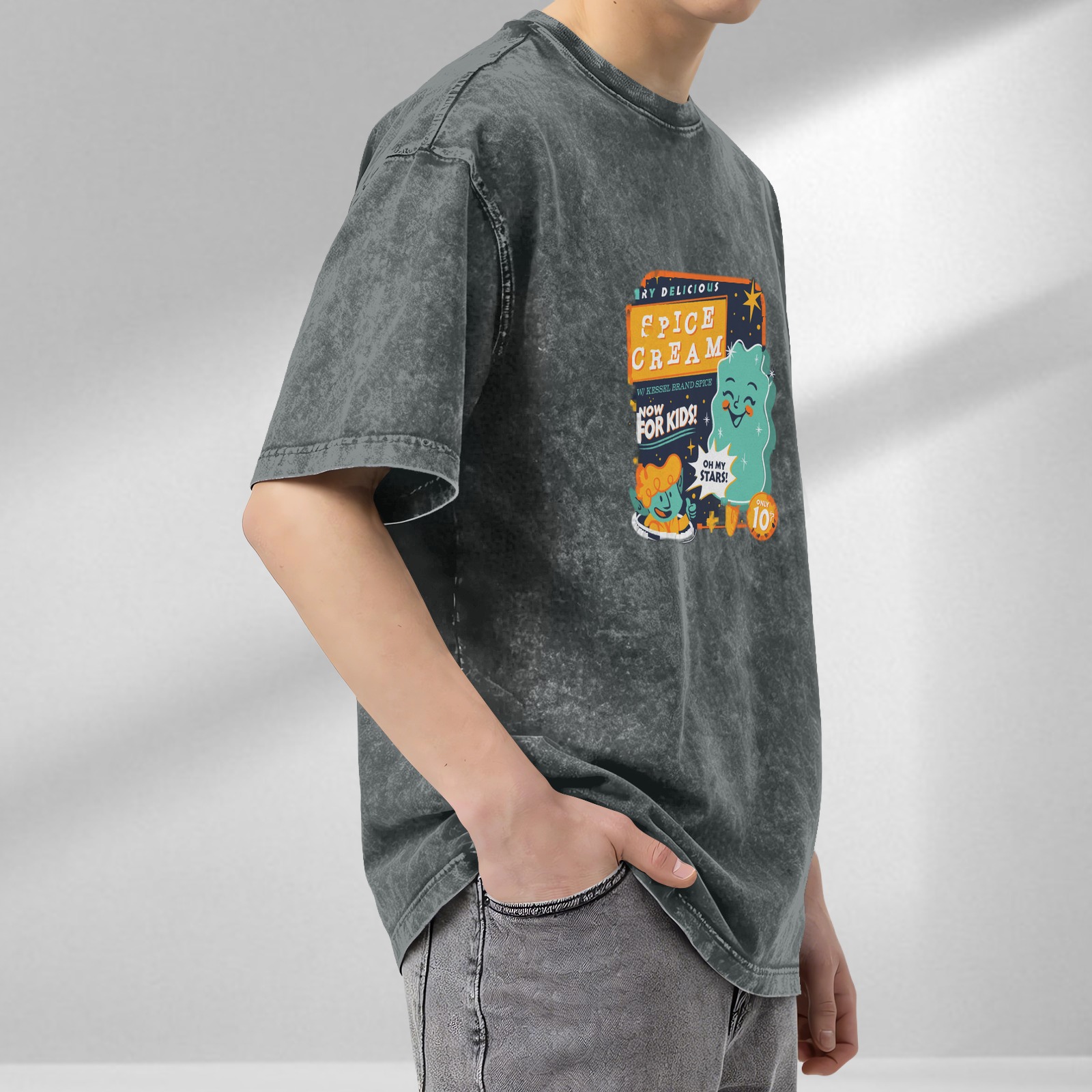 acid wash black t-shirt with retro space spice cream kids graphic