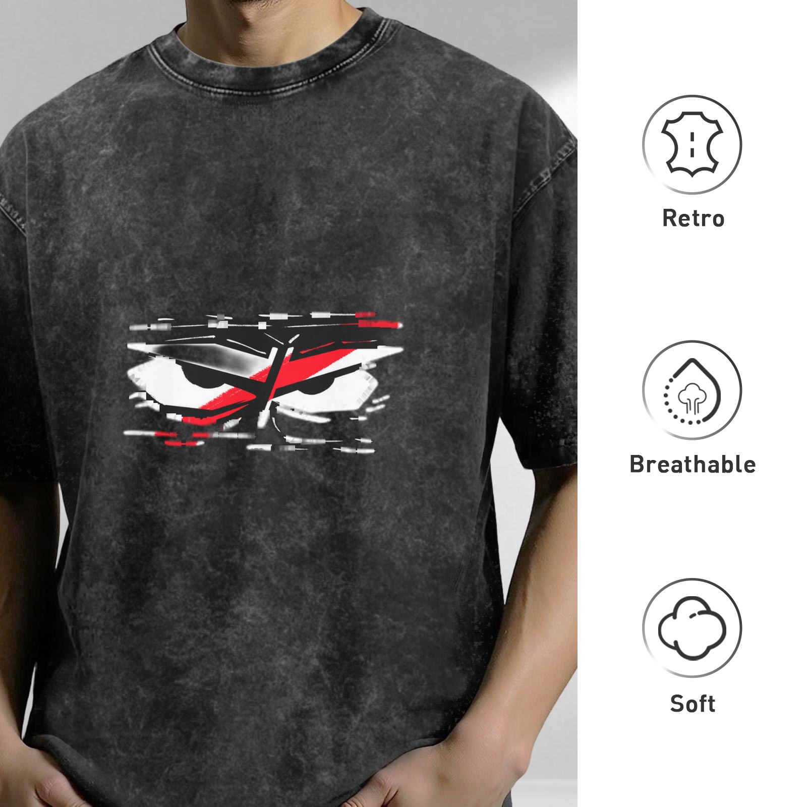 Washed Black T-Shirt With Glitchy Angry Eyes Graphic
