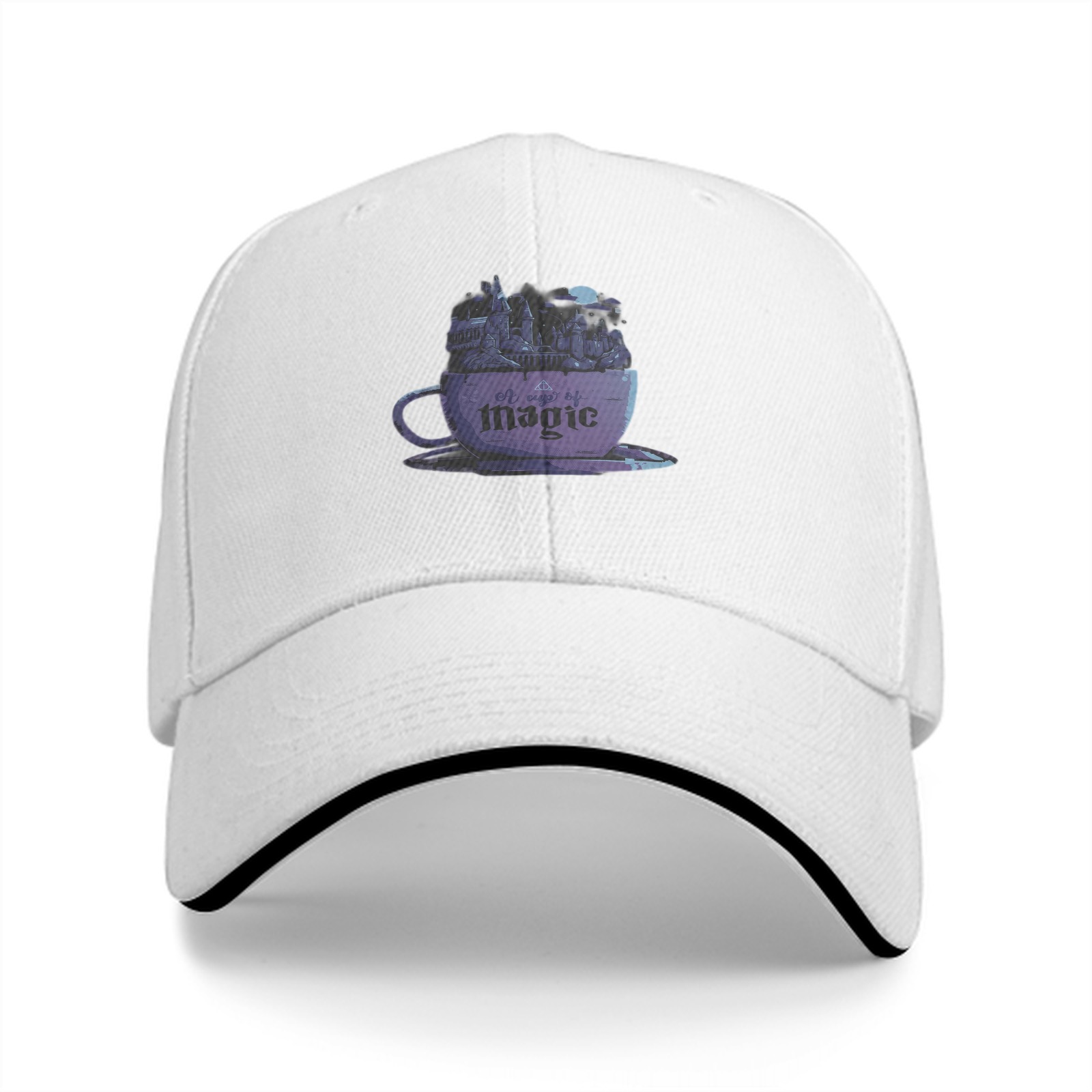 Black baseball cap with purple teacup magic graphic print