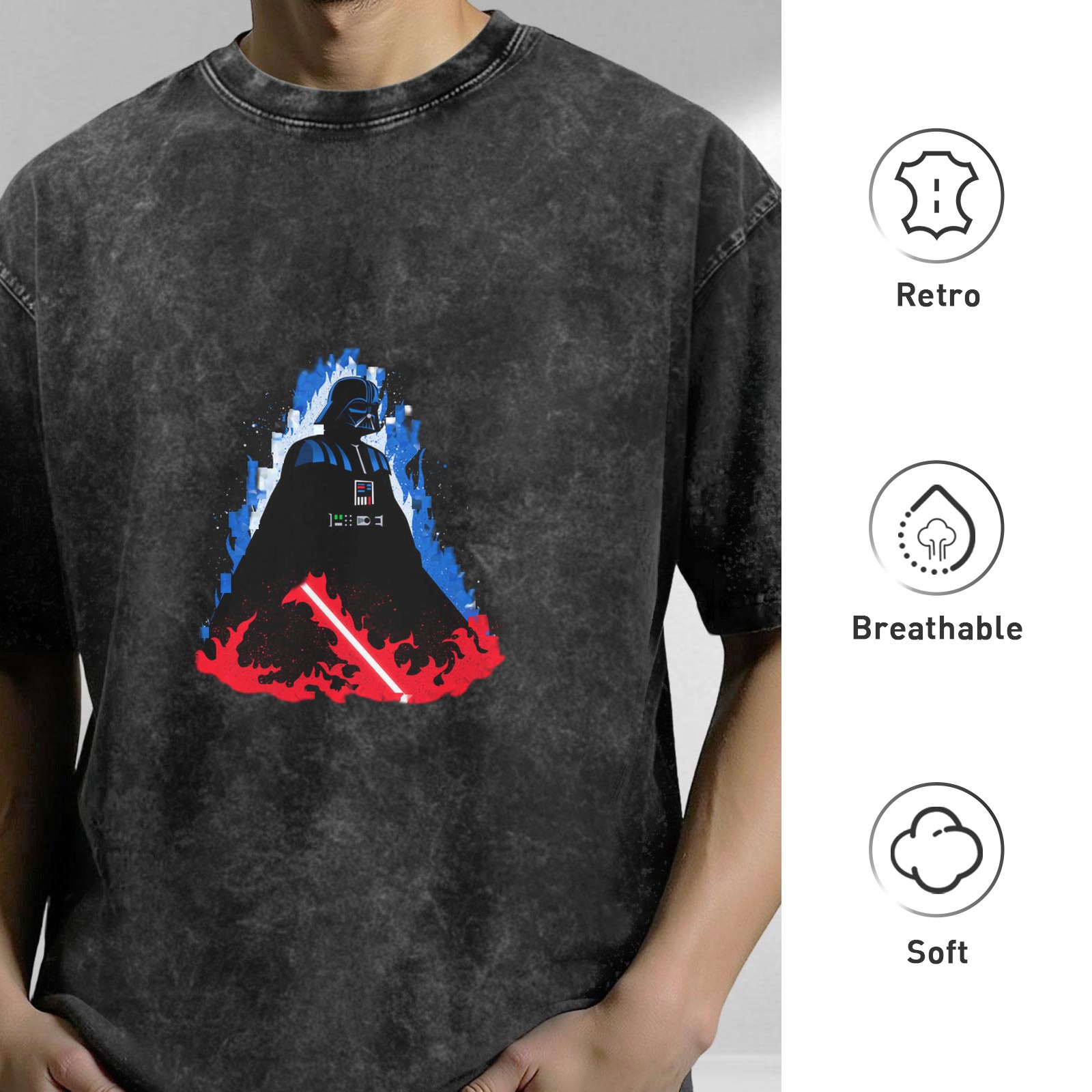 Washed Black T-Shirt with Darth Vader Graphic Design