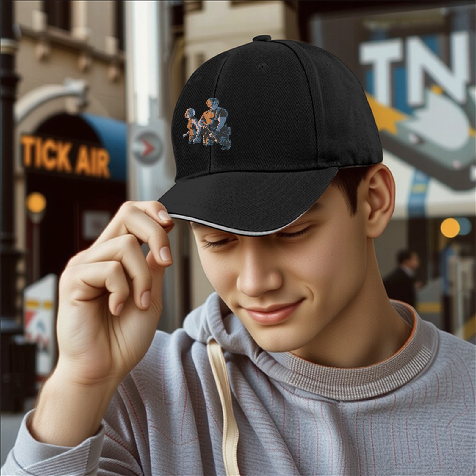 Black Baseball Cap With Two Character Graphic Print
