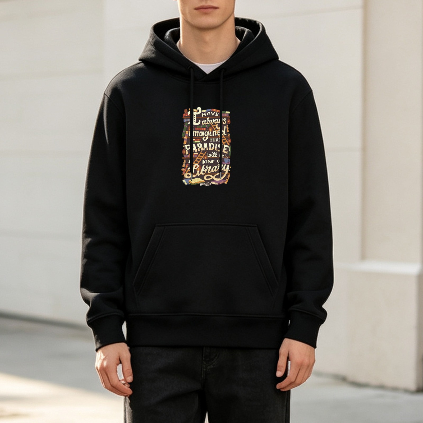 Black Hoodie With Library Paradise Quote Art Print