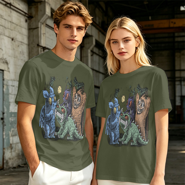 Olive Green T-Shirt With Whimsical Monster Crew Graphic Print