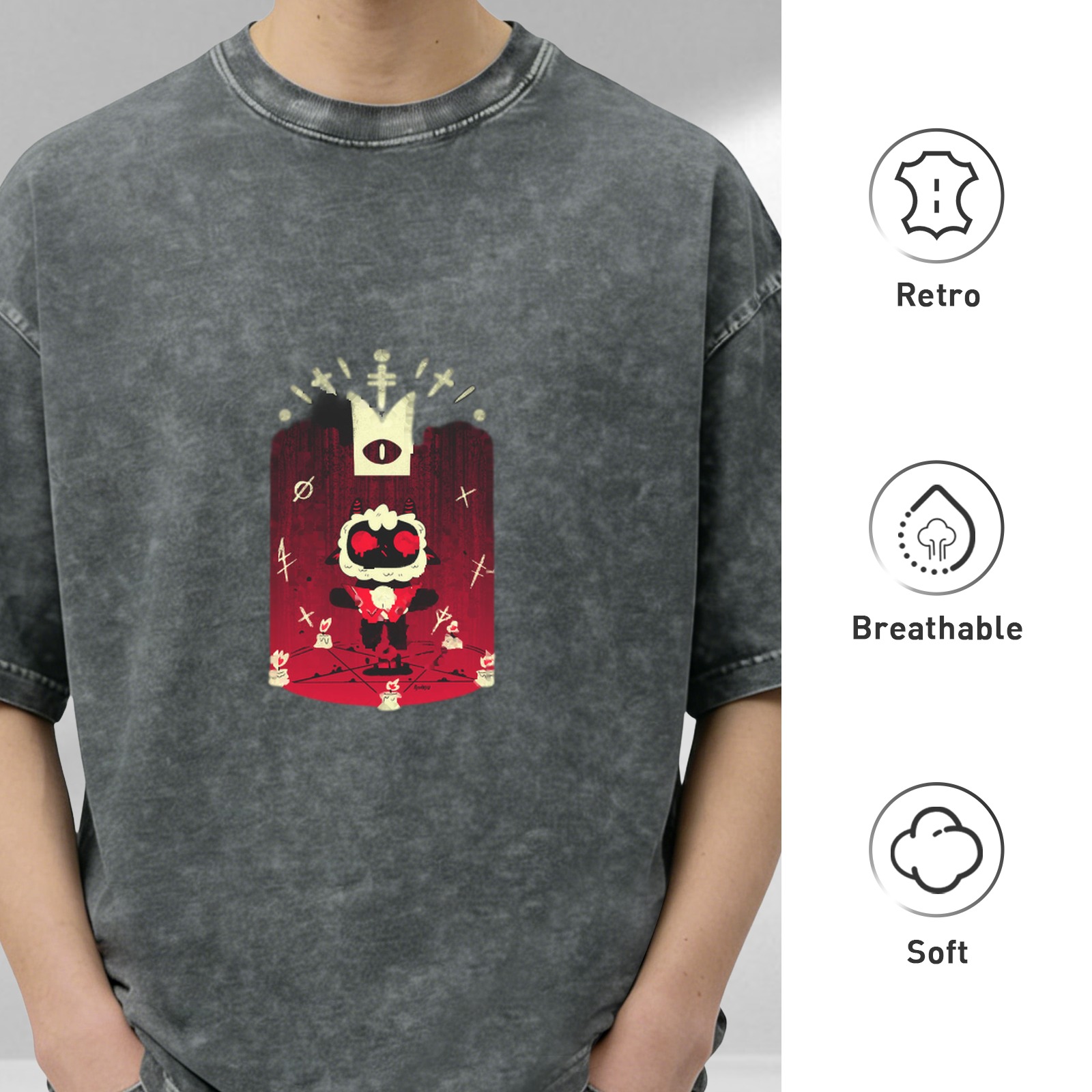 Washed Black Graphic T-Shirt with Cult Lamb Dark Art Print