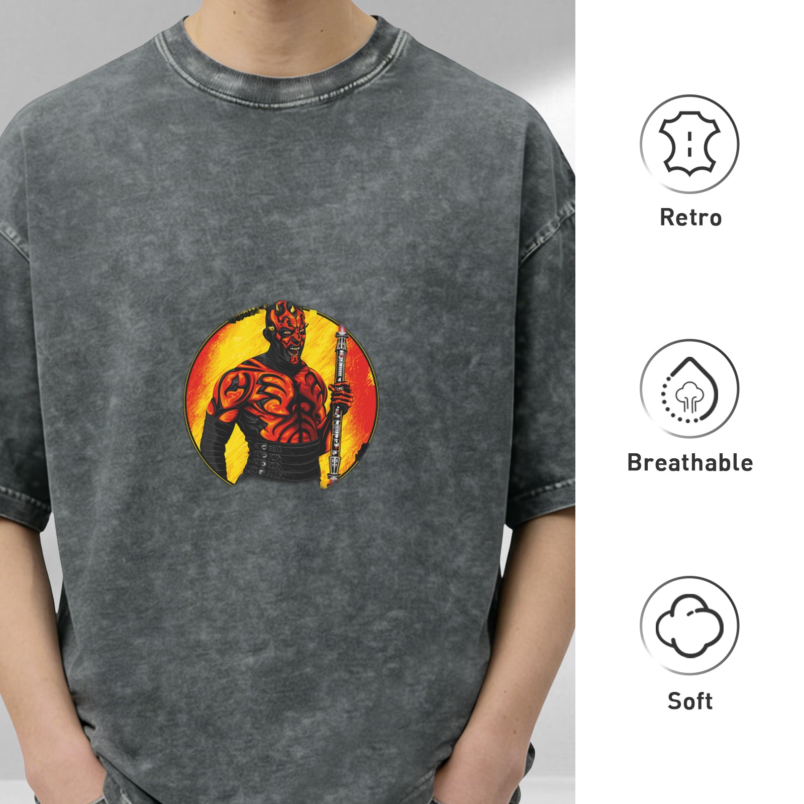 Oversized Acid Wash T-Shirt With Darth Maul Graphic Print