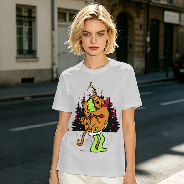 Olive Christmas T-Shirt Featuring Scooby-Doo Hugging The Grinch