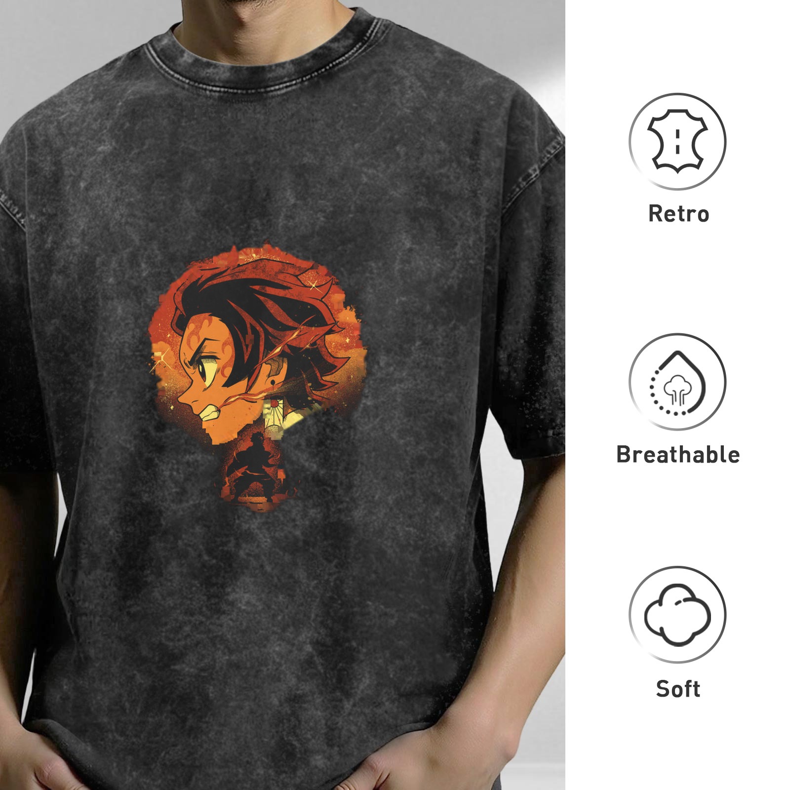 Oversized Washed Anime Demon Slayer T-Shirt with Fire Character Print