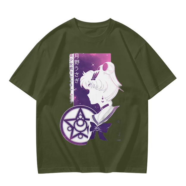 Olive T-shirt with Sailor Moon Anime Silhouette Graphic