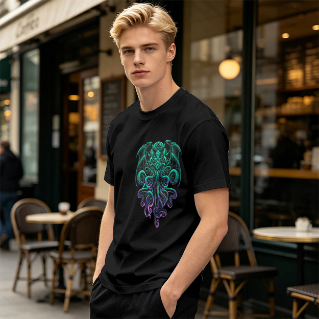 Olive Green T-Shirt With Cthulhu Octopus Dragon Graphic