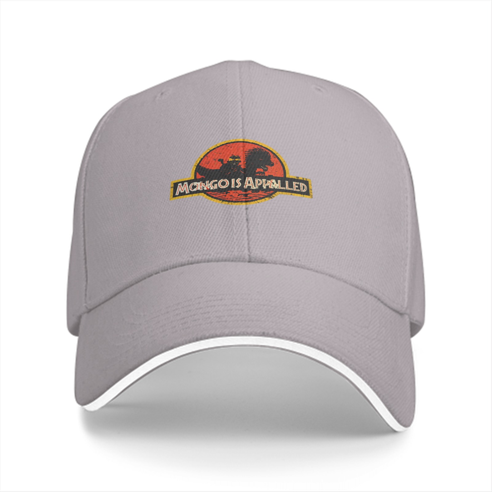 Black baseball cap with 'Mongo Is Appalled' Jurassic-style graphic