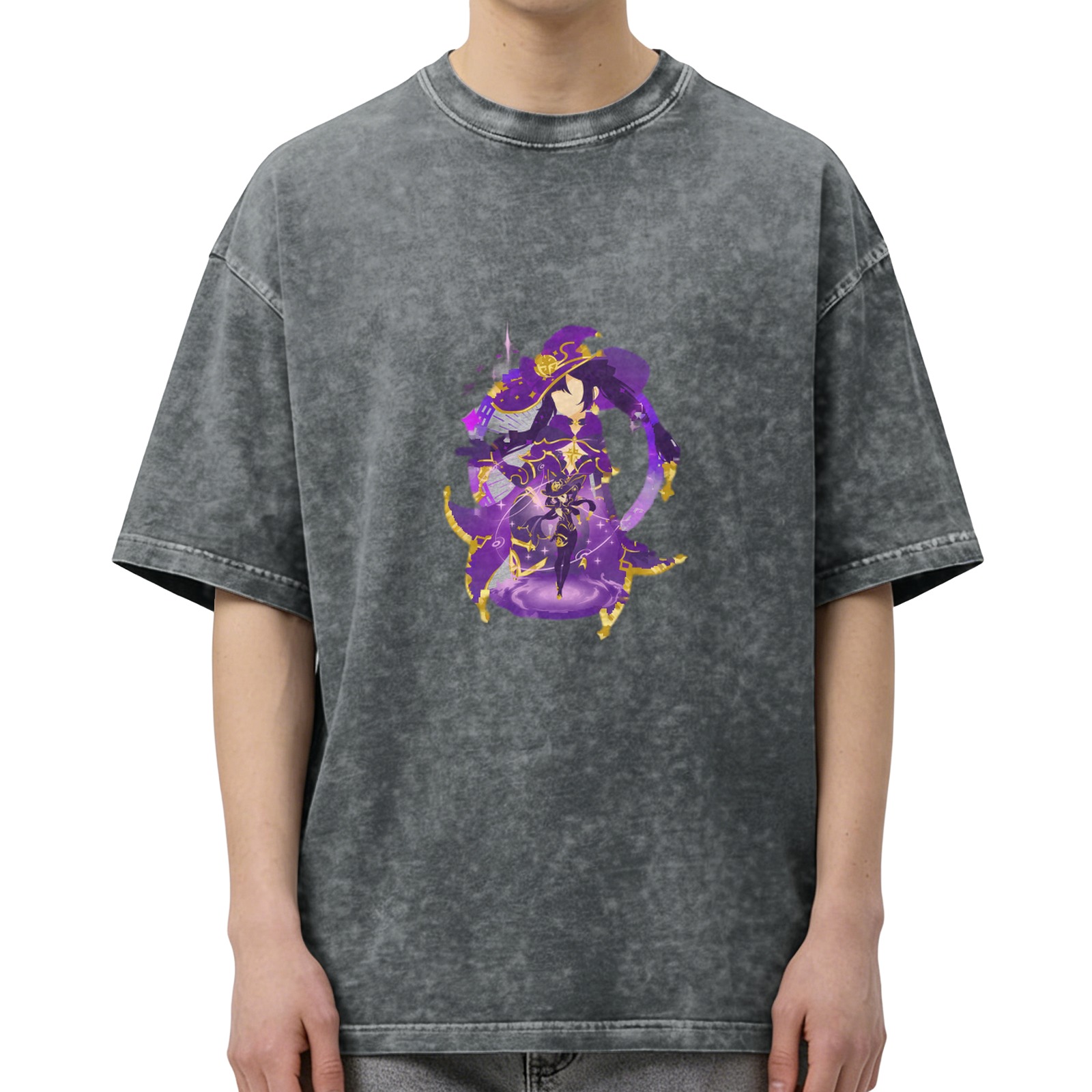Washed Black Oversized T-Shirt with Fantasy Witch Character Print