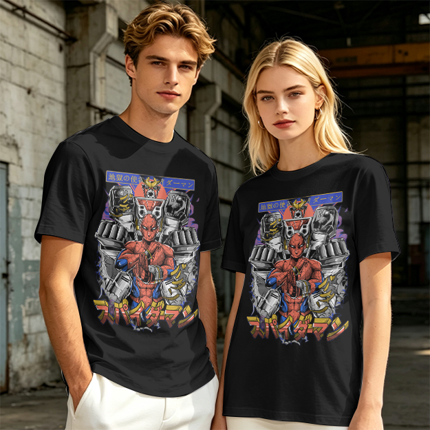 Olive T-shirt with Japanese Spider-Man Mech Graphic Print