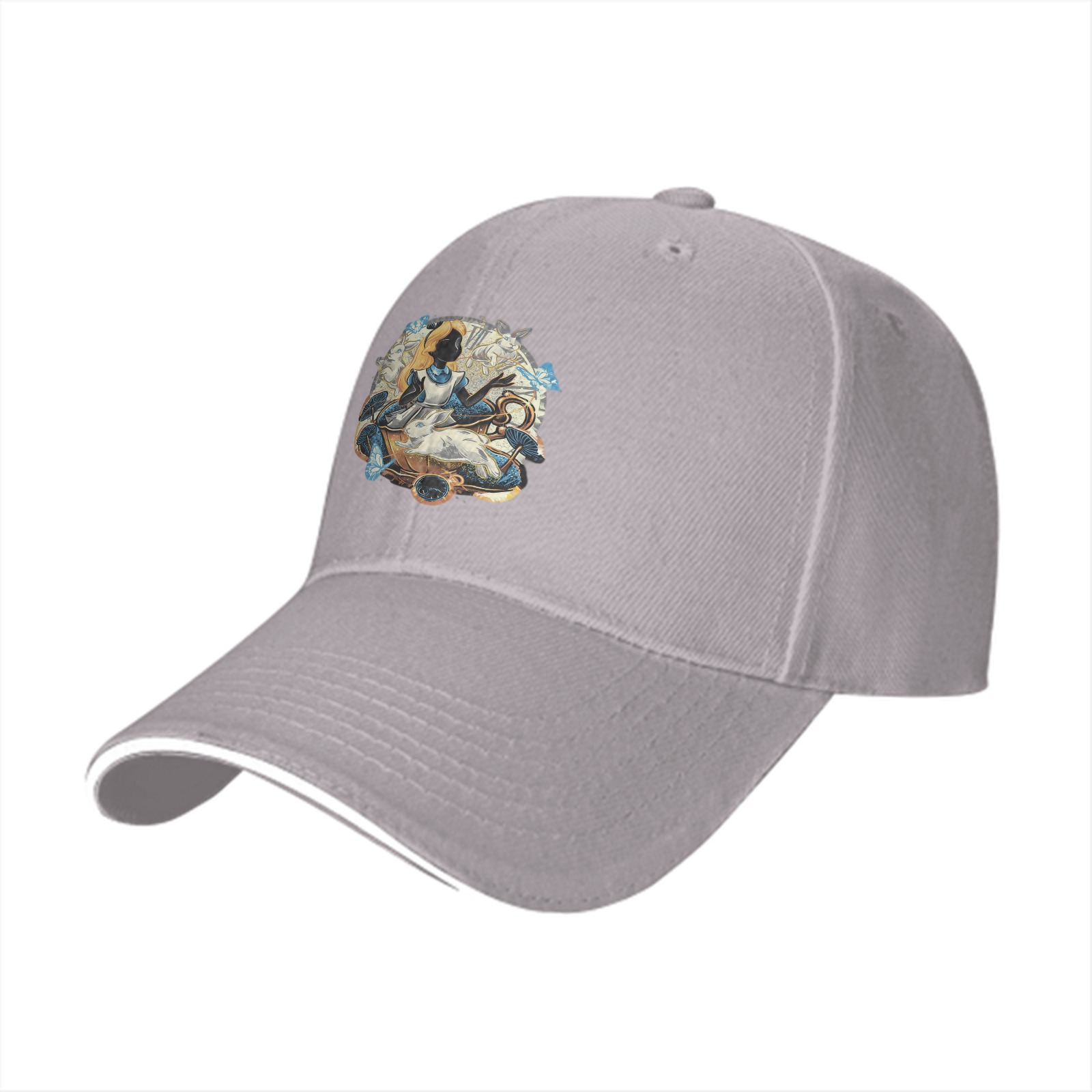 Black baseball cap with Alice in Wonderland themed graphic