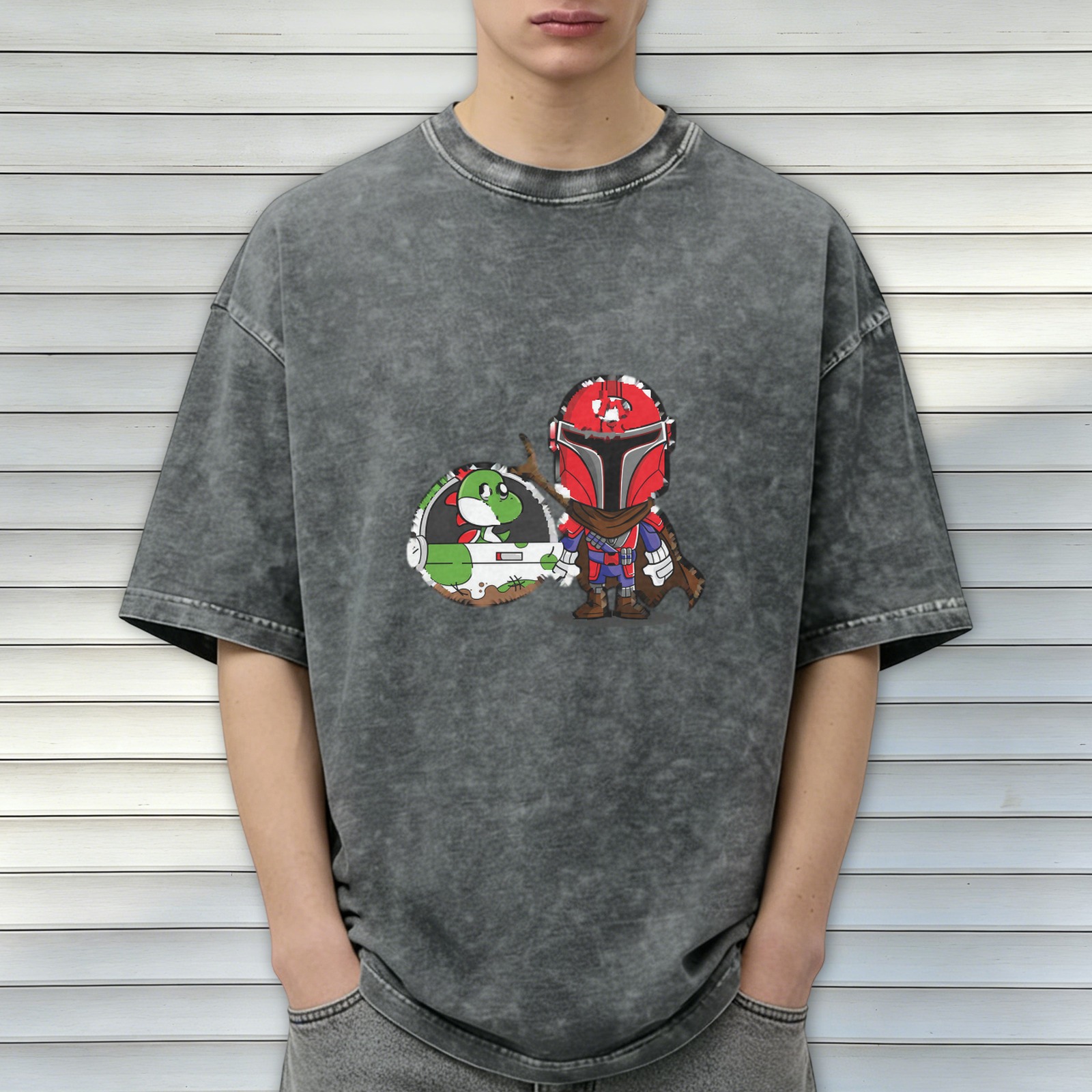 Retro washed black short-sleeved T-shirt, cartoon and anime co-branded print, loose casual top