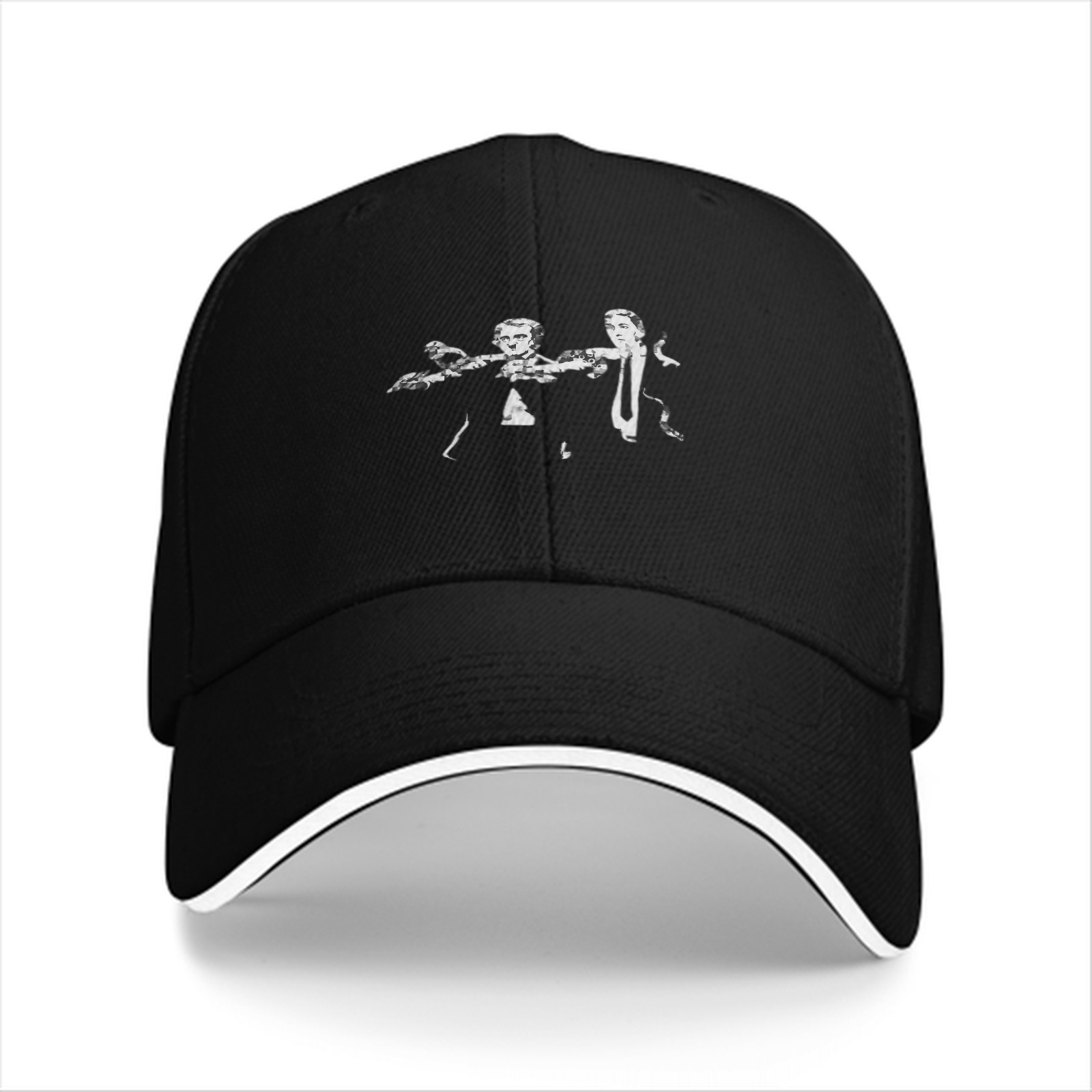 Black Baseball Cap With Two Figures Graphic Print Design