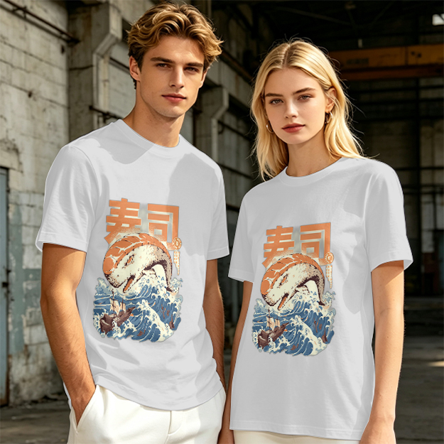 Olive t-shirt with sushi monster and great wave graphic