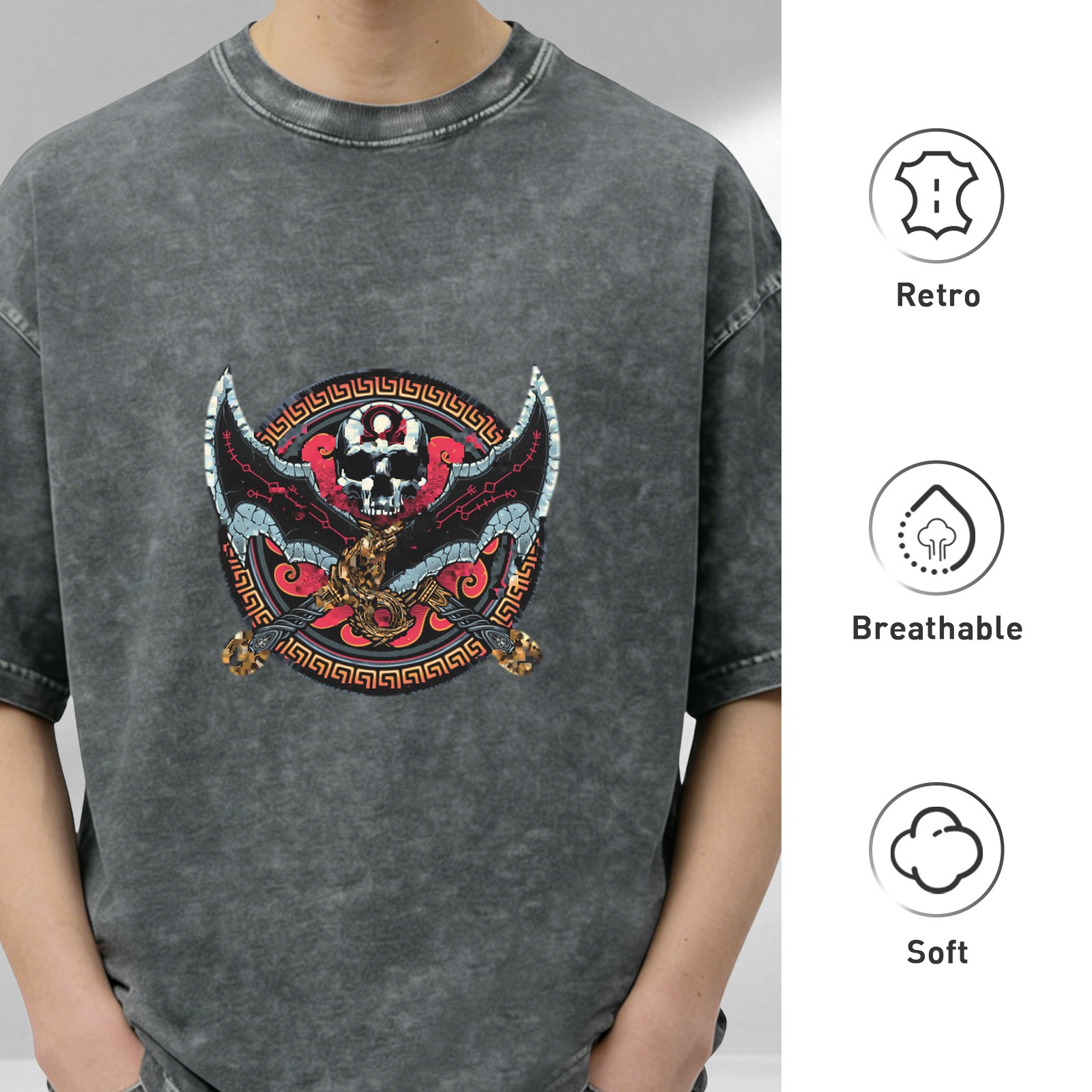 Washed Black Graphic T-Shirt With Skull Bat Cross Design