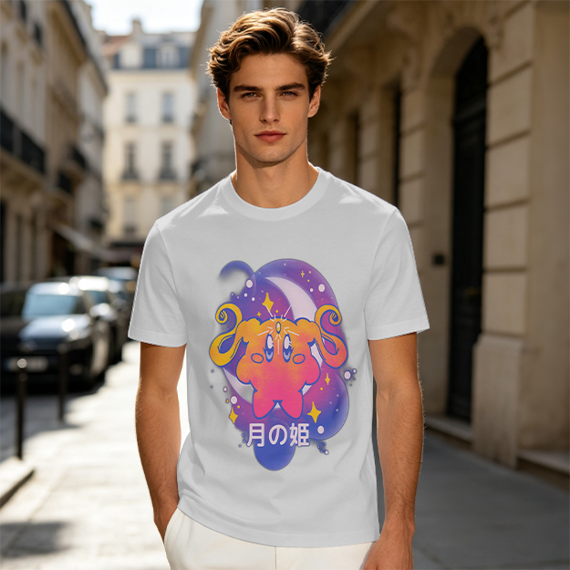 Olive t-shirt with cosmic cat and moon graphic print