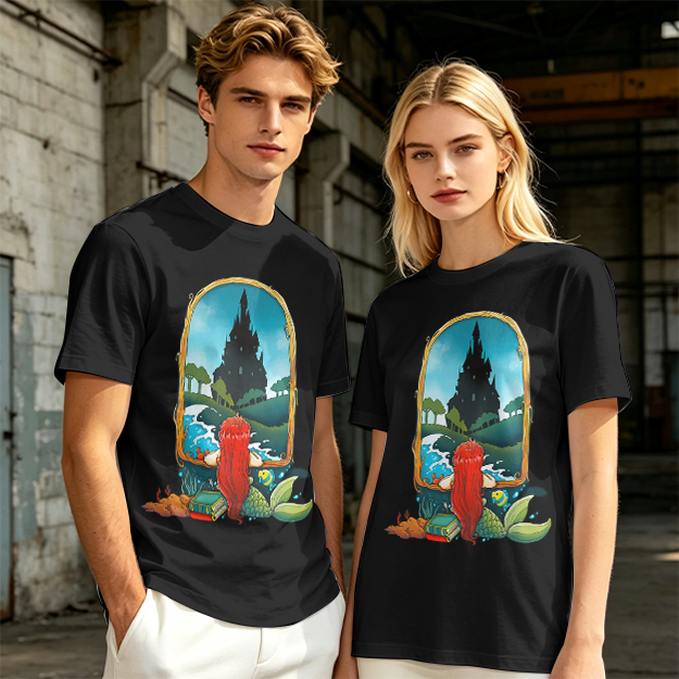 Olive T-Shirt With Mermaid Looking At Castle Art Print