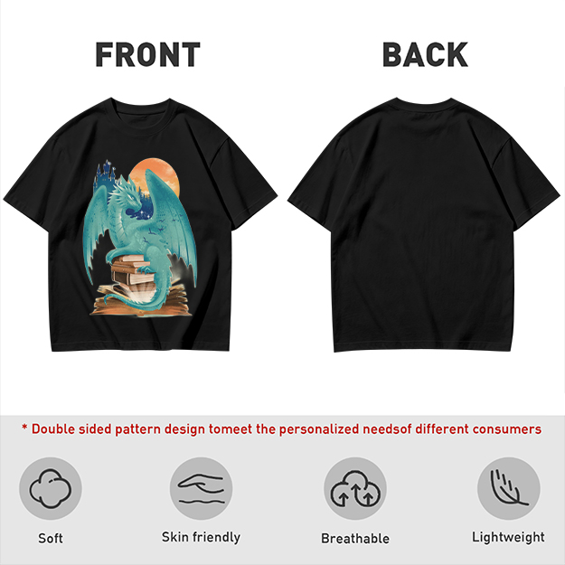 Teal Dragon Perched on Stacked Books Fantasy Graphic T-Shirt
