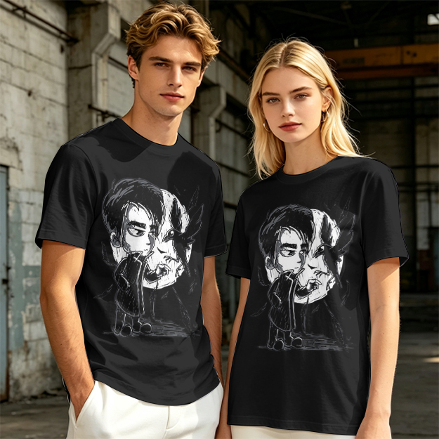 Olive T-Shirt with Chibi Dark Character and Crow Print