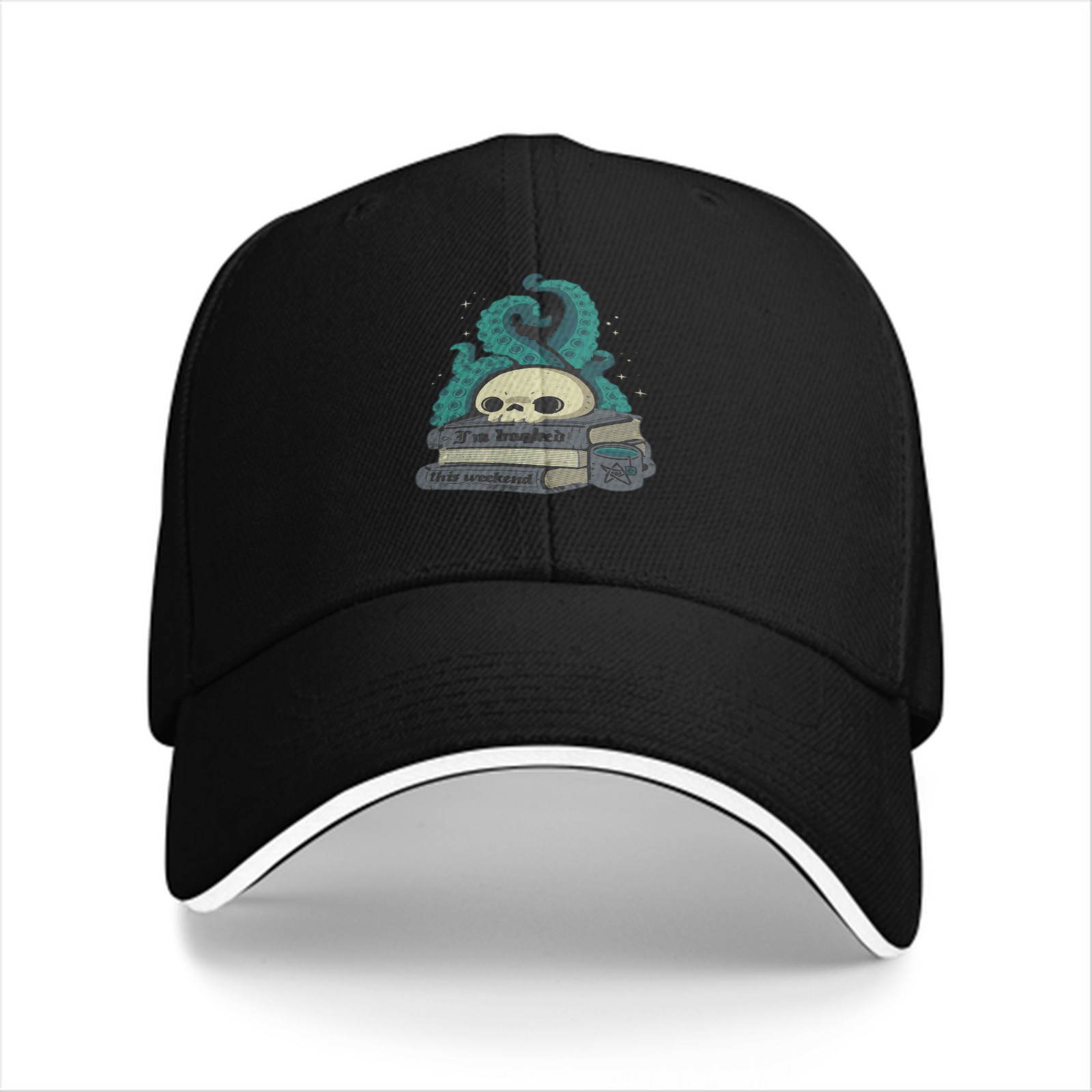 Black baseball cap with skull tentacle book graphic design