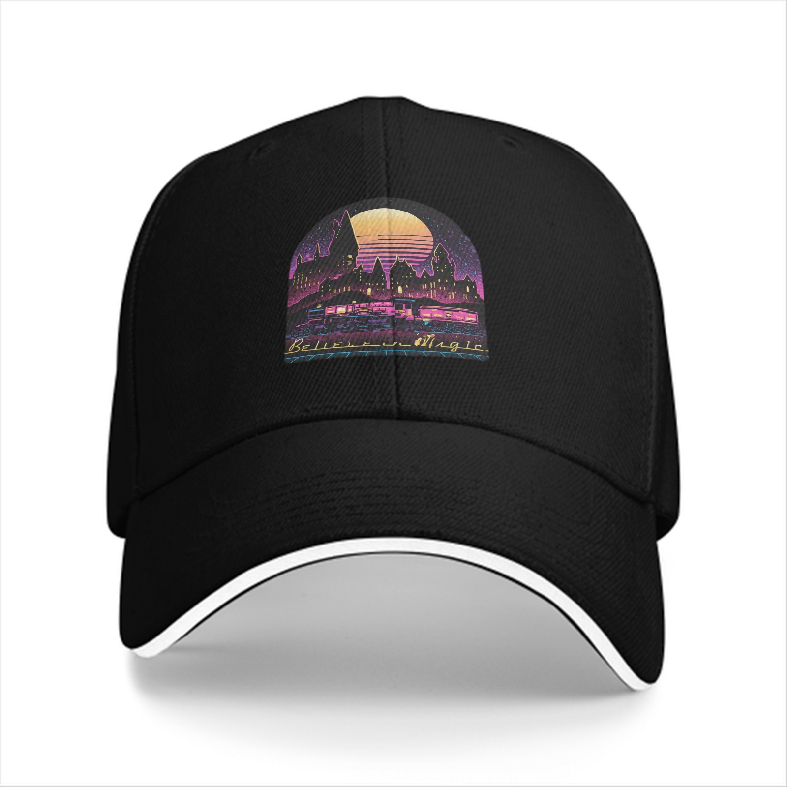 Black Baseball Cap With Neon Magic Castle Sunset Graphic