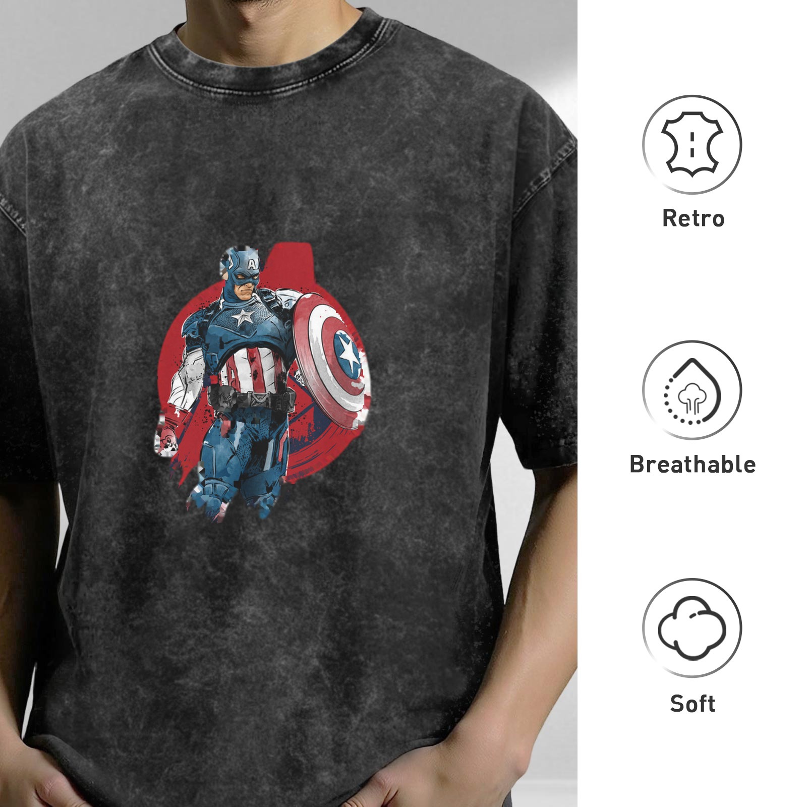 Oversized Acid Wash T-Shirt with Captain America Graphic