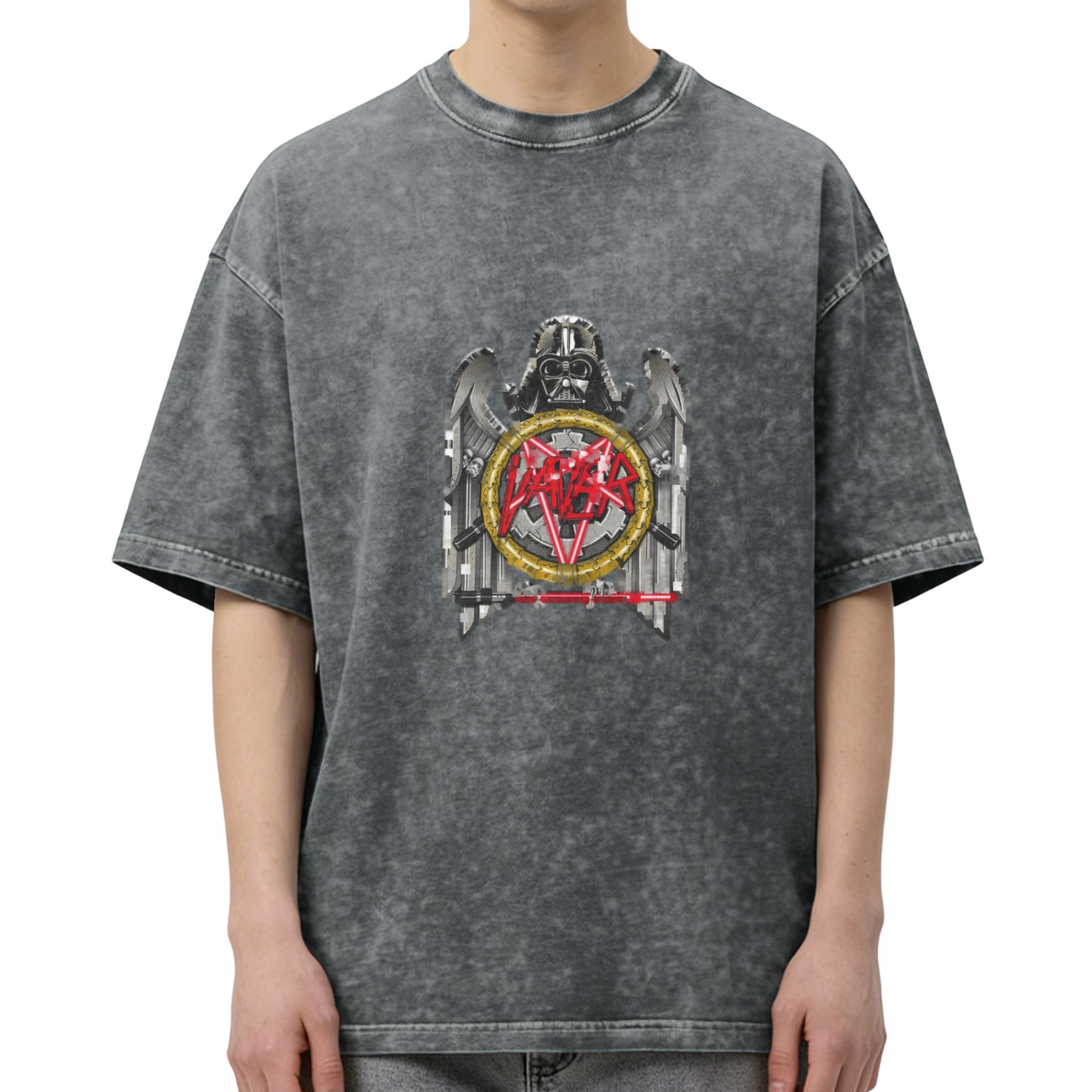 Washed black graphic t-shirt with Darth Vader and metal band style print