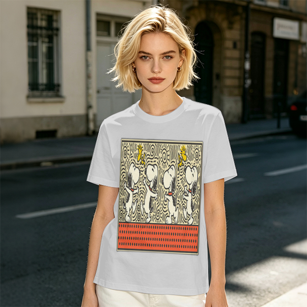 Olive T-shirt with dancing Snoopy and Woodstock graphic print