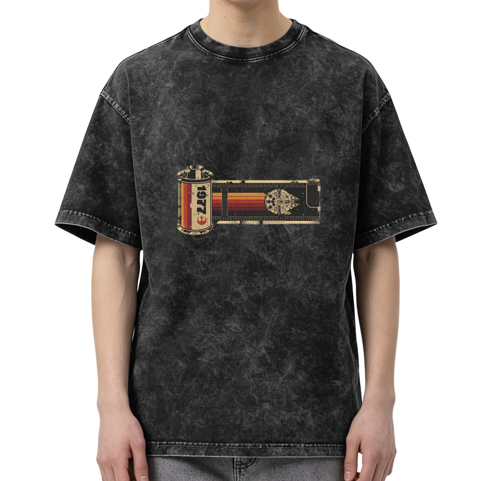 Oversized Acid Wash T-Shirt with 1977 Film Reel Graphic